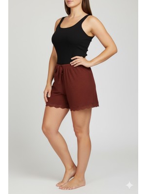 Royaleks Group Bambu Fitilli Kadın Ev Şortu Bacak Dantel Detaylı Ev Giyim Koyu Taba