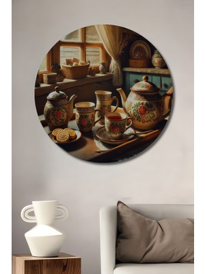 Özbience Çiçek Desenli Yağlı Boya Görünümlü Ahşap Yuvarlak Tablo