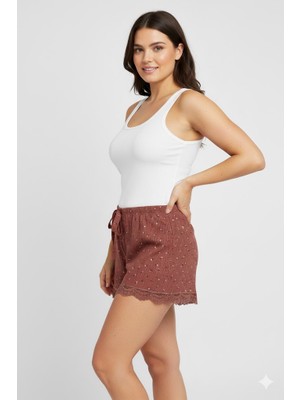 Royaleks Group Düz Renk Mini Çiçek Desenli Penye Kadın Ev Şortu Bacak Dantel Detaylı Ev Giyim Taba