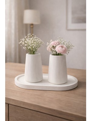 Özbience El Yapımı Minimal Beyaz Çizgili Vazo Seti, Şık ve Zarif Dekorasyon Seçeneği