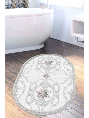 Özbience Saçaklı Oval Modern Banyo Halısı, Kaymaz Taban, Trend Gri 1494