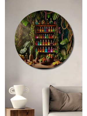 Özbience Tropikal Orman Temalı Yuvarlak Ahşap Dekoratif Tablo, Salon ve Ofis Için