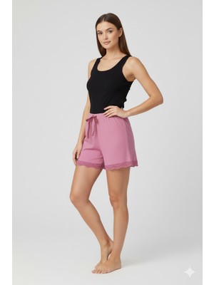 Royaleks Group Bambu Fitilli Kadın Ev Şortu Bacak Dantel Detaylı Ev Giyim Pembe