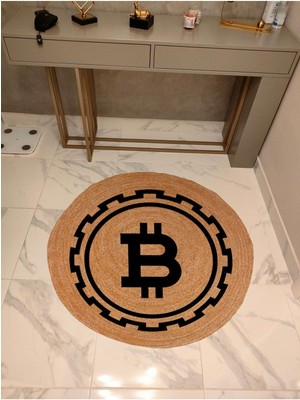 Özbience Doğa Iplikli Bitcoin Desenli Yuvarlak Boho Halı, Çift Taraflı, Natural Renk
