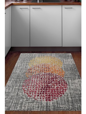Özbience Kaymaz Taban Mutfak Halısı Yıldız Deri Modern E4052 Krem Oranj Kırmızı
