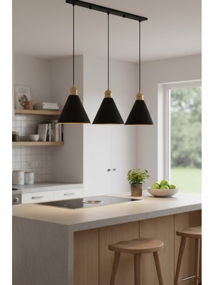 Özbience Siyah Metal Gövdeli 3'lü Avize, Salon, Mutfak ve Ofis Ortamları Için