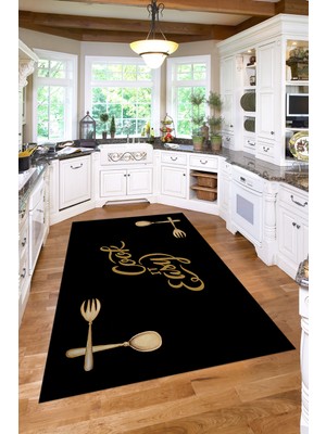 Özbience Baskılı Modern Çatal Bıçak Desenli Yıkanabilir Kaymaz Taban Yolluk