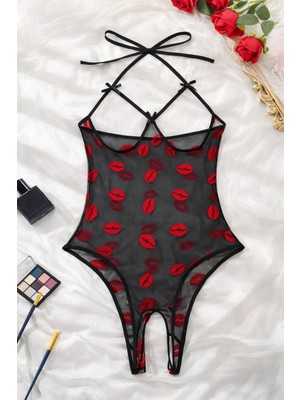 Liyuza Öpücük Desenli Transparan Siyah Fantazi Iç Giyim TM1385