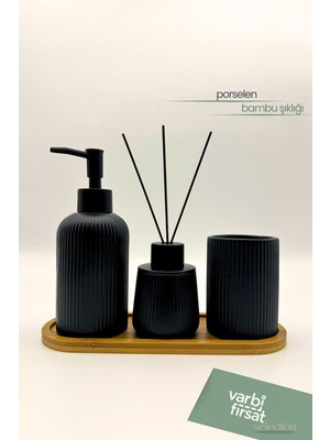 Özbience 3'lü Porselen Banyo Seti, Bambu Tabanlı Şık Aksesuarlar