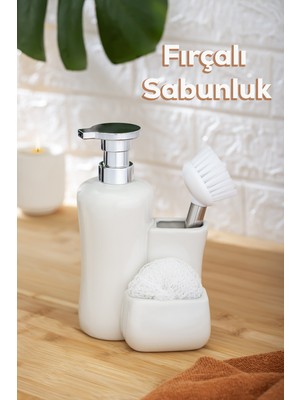 Özbience Beyaz Porselen Sıvı Sabunluk, 550ML, 20CM, Fırçalı ve Süngerli Tasarım