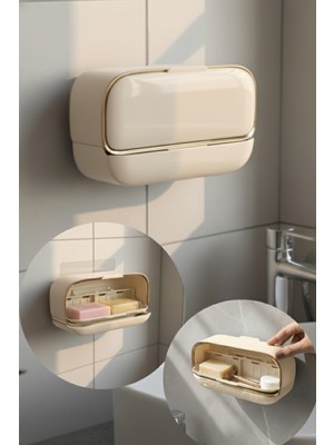 Özbience Modern Çift Bölmeli Fayans Sabunluk, Kapaklı ve Yapışkanlı Tasarım