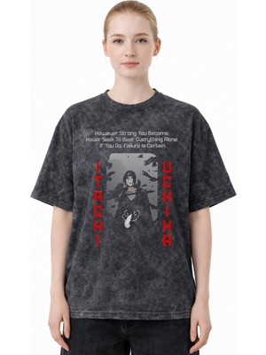 Sevbano Itachi Uchiha Naruto Anime Baskılı Unisex Oversize Eskitme Yıkamalı Tişört