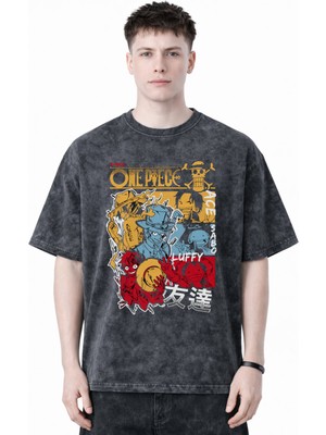 Sevbano One Piece Monkey D. Luffy Sabo Portgas D. Ace Anime Baskılı Unisex Oversize Eskitme Yıkamalı Tişört
