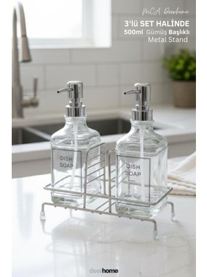 Özbience Modern Cam Ikili Sıvı Sabun ve Deterjanlık Seti, 500 Ml, Metal Standlı