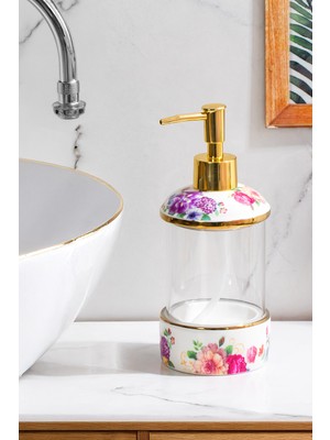 Özbience Çiçek Desenli Gold Kapaklı Porselen ve Cam Sıvı Sabunluk 350 ml
