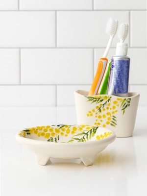 Özbience Mimoza Desenli 2’li Seramik Banyo Seti, El Yapımı, Sabunluk ve Süngerlik