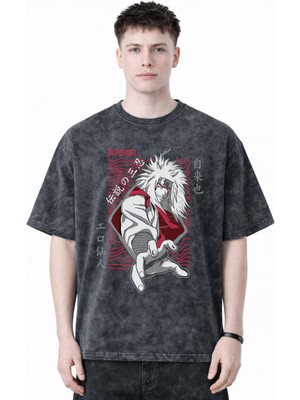 Sevbano Tasarım Jiraiya Naruto Anime Baskılı Unisex Oversize Eskitme Yıkamalı Tişört