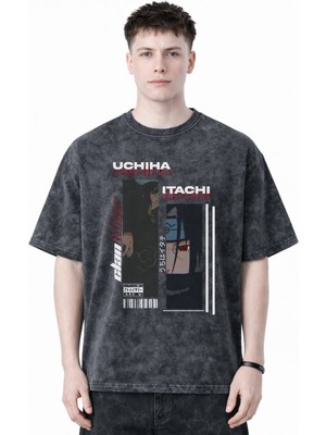 Sevbano Itachi Uchiha Naruto Anime Baskılı Unisex Oversize Eskitme Yıkamalı Tişört