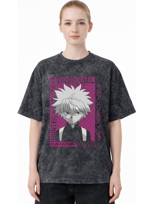 Sevbano Hunter x Hunter Killua Zoldyck Anime Baskılı Unisex Oversize Eskitme Yıkamalı Tişört