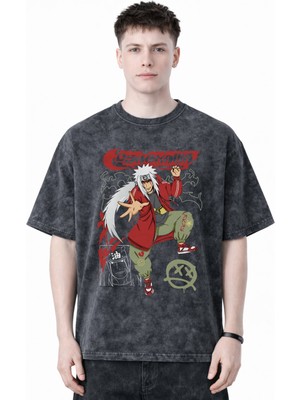 Sevbano Tasarım Jiraiya Naruto Anime Baskılı Unisex Oversize Eskitme Yıkamalı Tişört