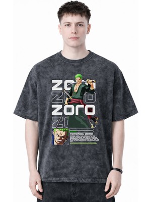 Sevbano Roronoa Zoro One Piece Anime Baskılı Unisex Oversize Eskitme Yıkamalı Tişört