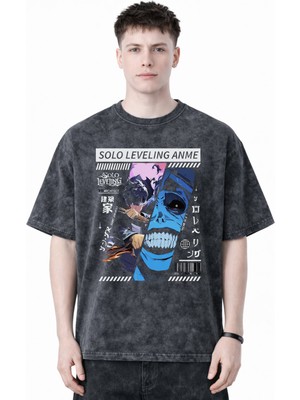 Sevbano Solo Leveling Arise Sung Jin Woo Anime Baskılı Unisex Oversize Eskitme Yıkamalı Tişört