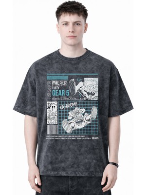 Sevbano Tasarım Monkey D. Luffy Gear 5 One Piece Anime Baskılı Unisex Oversize Eskitme Yıkamalı Tişört