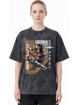 Sevbano Mikasa Ackerman Attack On Titan Anime Baskılı Unisex Oversize Eskitme Yıkamalı Tişört