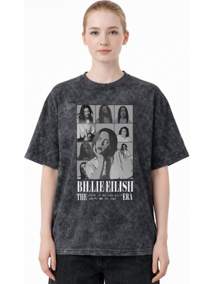 Sevbano Tasarım Billie Eilish Şarkıcı Baskılı Unisex Oversize Eskitme Yıkamalı Tişört
