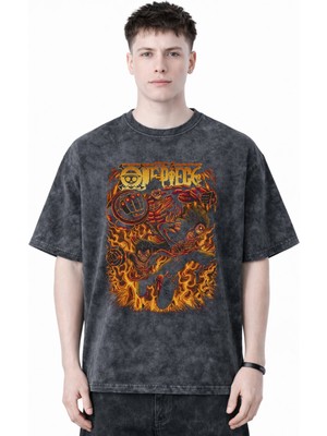 Sevbano Tasarım One Piece Monkey D. Luffy Anime Baskılı Unisex Oversize Eskitme Yıkamalı Tişört