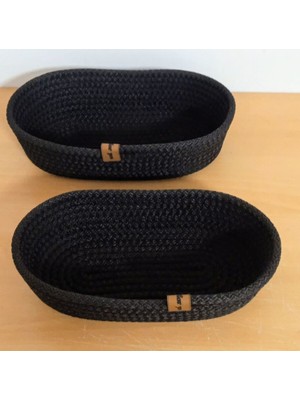 Özbience Hasır Oval Sepet 2'li Siyah Jüt Kordon Ip Örme Organizer 25X15CM