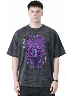 Sevbano Solo Leveling Arise Sung Jin Woo Anime Baskılı Unisex Oversize Eskitme Yıkamalı Tişört