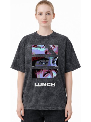Sevbano Tasarım Billie Eilish Lunch Şarkıcı Baskılı Unisex Oversize Eskitme Yıkamalı Tişört