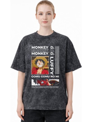 Sevbano Monkey D. Luffy One Piece Anime Baskılı Unisex Oversize Eskitme Yıkamalı Tişört