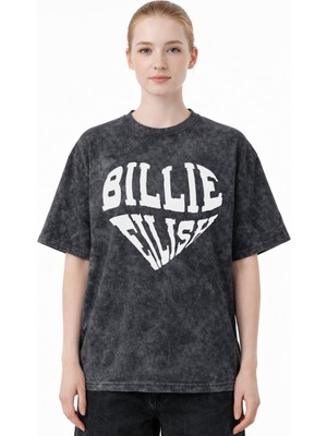 Sevbano Kalp Temalı Billie Eilish Şarkıcı Baskılı Unisex Oversize Eskitme Yıkamalı Tişört