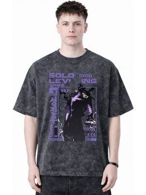 Sevbano Solo Leveling Arise Sung Jin Woo Anime Baskılı Unisex Oversize Eskitme Yıkamalı Tişört