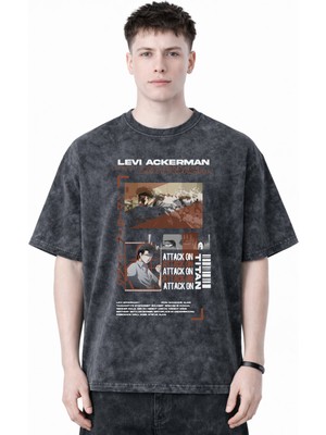 Sevbano Attack On Titan Levi Ackerman Anime Baskılı Unisex Oversize Eskitme Yıkamalı Tişört