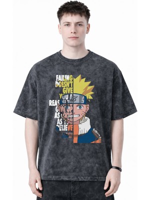 Sevbano Tasarım Naruto Uzumaki Anime Baskılı Unisex Oversize Eskitme Yıkamalı Tişört