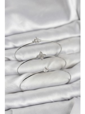 Alvo Store Buğz Zirkon Taşlı Gümüş Renk Yonca Model 3'lü Kadın Bileklik Kombini