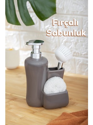 Özbience Gri Tezgah Üstü 550ML Sıvı Sabunluk, Fırçalı, Süngerli, Porselen, 20CM