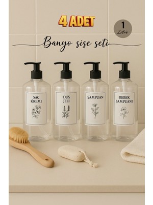 Özbience Şeffaf Plastik Banyo Seti 4'lü, 1 Litre, Şampuan, Duş Jeli, Saç Kremi, Bebek Şampuan