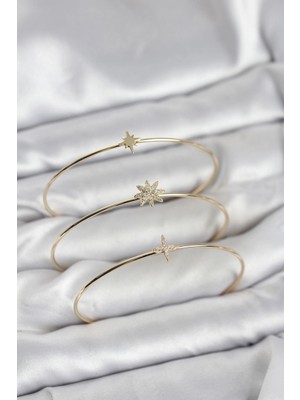 Alvo Store Buğz Zirkon Taşlı Kutup Yıldızı Model Gold Renk 3'lü Kadın Bileklik Kombini