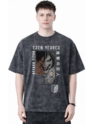 Sevbano Tasarım Eren Yeager Attack On Titan Anime Baskılı Unisex Oversize Eskitme Yıkamalı Tişört