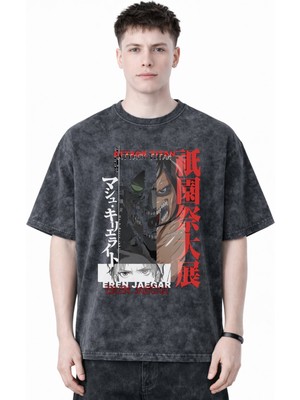 Sevbano Attack On Titan Eren Jaeger Anime Baskılı Unisex Oversize Eskitme Yıkamalı Tişört