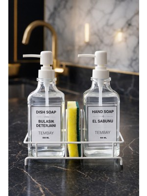 Özbience Ikili Metal Standlı 500 ml Cam Sıvı Sabunluk Seti, Şık ve Kullanışlı Tasarım