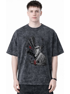 Sevbano Berserk Guts Anime Baskılı Unisex Oversize Eskitme Yıkamalı Tişört