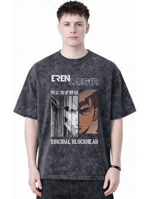 Sevbano Tasarım Eren Jaeger Attack On Titan Anime Baskılı Unisex Oversize Eskitme Yıkamalı Tişört