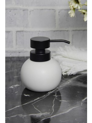 Özbience Prizmatik Beyaz Porselen Tombul Sıvı Sabunluk ve Siyah Başlıklı Deterjanlık Seti