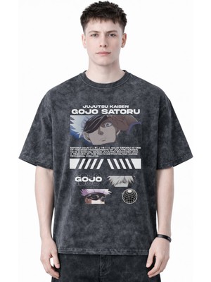 Sevbano Tasarım Jujutsu Kaisen Gojo Satoru Anime Baskılı Unisex Oversize Eskitme Yıkamalı Tişört