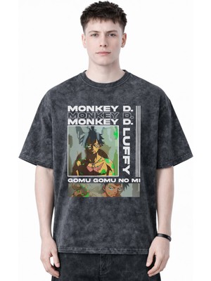 Sevbano Monkey D. Luffy One Piece Anime Baskılı Unisex Oversize Eskitme Yıkamalı Tişört